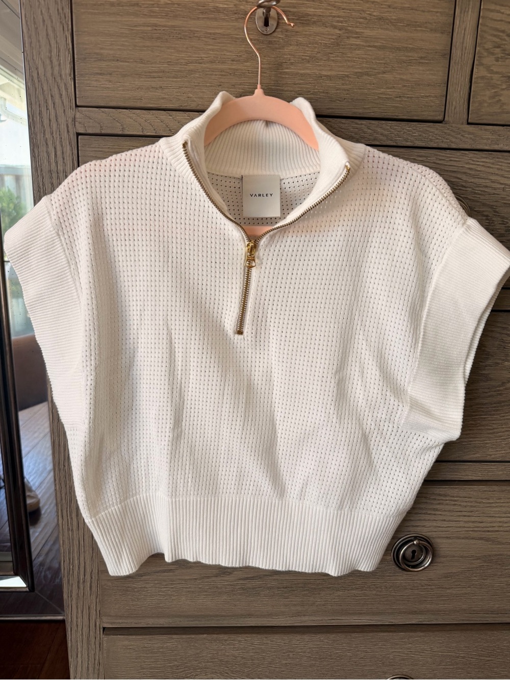 Varley Cream Short Sleeve Half-Zip Knit Sweatshirt